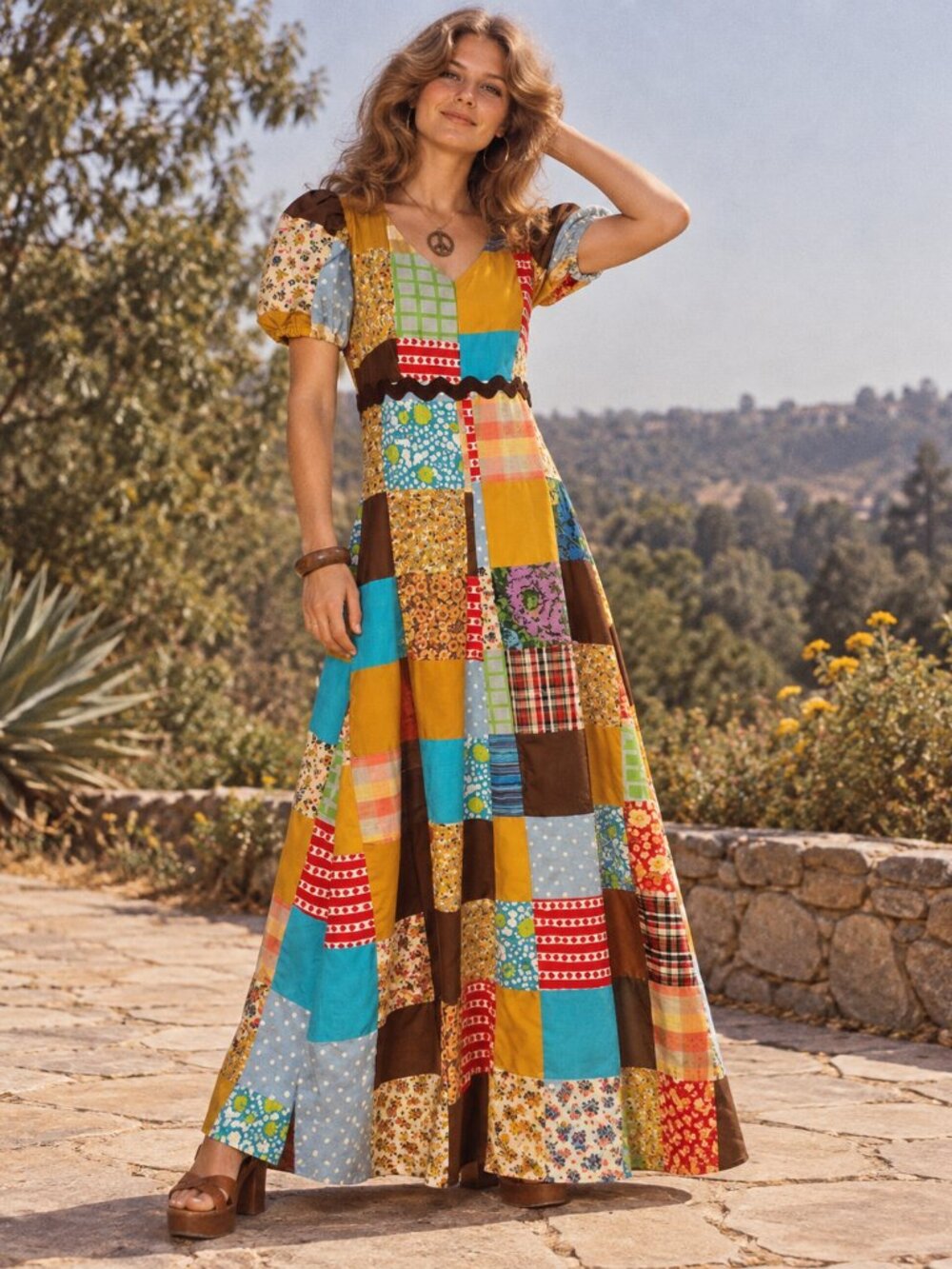 🐴Vintage 1970s Handmade Patchwork Maxi Dress Prairie Hippie Boho Rickrack🐴